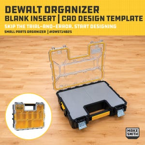 Op de afbeelding: Een DeWalt opbergdoos voor kleine onderdelen met een doorzichtig deksel en zwarte basis, voorzien van een grijze lege inzet. De tekst luidt: DEWALT ORGANIZER BLANK INSERT | CAD DESIGN TEMPLATE, SKIP THE TRIAL-AND-ERROR. START DESIGNING, SMALL PARTS ORGANIZER | #DWST14825.