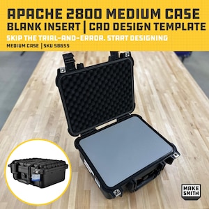 May include: Black Apache 2800 medium case with a blank insert. The case is open, revealing a grey interior and foam padding. Text on the image reads "APACHE 2800 MEDIUM CASE BLANK INSERT | CAD DESIGN TEMPLATE".