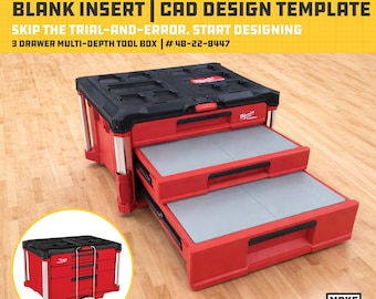 Plantilla CAD de inserción en blanco para caja de herramientas Milwaukee Packout de 3 cajones y múltiples profundidades (48-22-8447) / Archivos STL y STEP para diseño de organizador personalizado