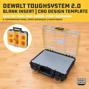 May include: A DeWalt ToughSystem 2.0 blank insert CAD design template for a 6-compartment small parts organiser. The image shows a black and clear tool case with a yellow seal, featuring a flat grey interior base and a separate inset image.