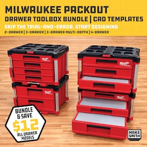 Puede incluir: Cajas de herramientas con cajones Milwaukee Packout rojas y negras. Una pila de dos unidades cerradas y otra con tres cajones abiertos. La imagen incluye el texto "Milwaukee Packout Drawer Toolbox Bundle".