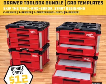 Plantilla CAD para inserto de caja de herramientas Milwaukee Packout (2, 3, 3 de profundidad múltiple, 4 cajones Packout) Archivos STL y STEP