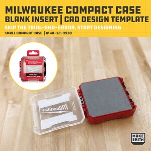 Puede incluir: Una caja compacta Milwaukee roja y transparente con un inserto en blanco. La caja está abierta, revelando un interior gris. El texto en la caja dice "Milwaukee" y "Case Only For 1/4" Hex Bits". La imagen también incluye el texto "MILWAUKEE COMPACT CASE BLANK INSERT | CAD DESIGN TEMPLATE".