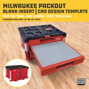 Puede incluir: Caja de herramientas Milwaukee Packout de 4 cajones, roja y negra, con un inserto gris. La imagen incluye el texto "MILWAUKEE PACKOUT BLANK INSERT | CAD DESIGN TEMPLATE" y "SKIP THE TRIAL-AND-ERROR. START DESIGNING".