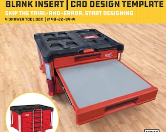 Plantilla CAD de inserción en blanco para caja de herramientas Milwaukee Packout de 4 cajones (48-22-8444) / Archivos STL y STEP para diseño de organizador personalizado