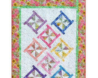 PINWHEEL POSIES Quilt Pattern - B J Q 115 --- Printable Pdf E-Pattern Diy Free Shipping Digital Pattern Pink White Yellow Blue Green Purple