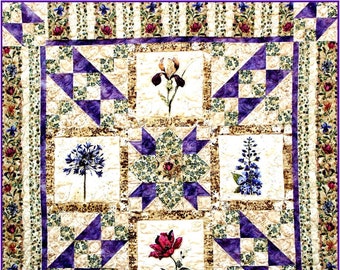 IVY IN My GARDEN Quilt E-Pattern - B J Q 102 --- Printable Download Pdf Diy Free Shipping Digital Purple Green Beige Rose Iris Flower Throw