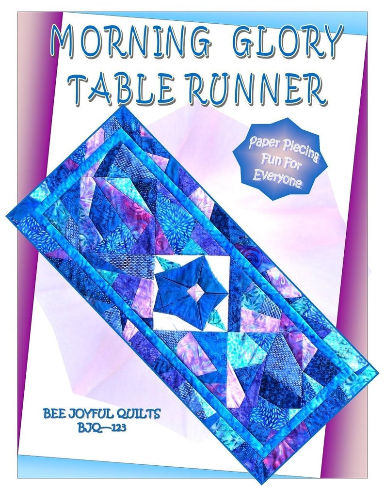 MORNING GLORY Table Runner Pattern B J Q 123 Printable Download Pdf E-Pattern Diy Free Shipping Digital Pattern Batik Blue Purple image 4