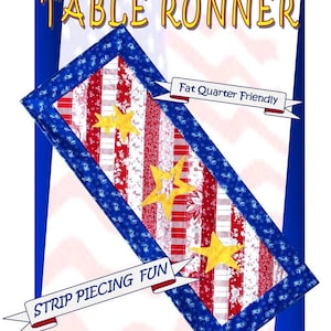 Könnte beinhalten: Ein rot-weiß-blauer Tischläufer mit Sternen und einem blauen Rand. Der Tischläufer ist aus Streifen gefertigt und für Fat Quarters geeignet. Der Text "Bless My Stars Table Runner" befindet sich oben im Bild. Der Text "Strip Piecing Fun" befindet sich in einem Banner unten links im Bild. Der Text "Fat Quarter Friendly" befindet sich in einem Banner oben rechts im Bild. Der Text "Bee Joyful Quilts BJQ-126" befindet sich unten in der Mitte des Bildes.