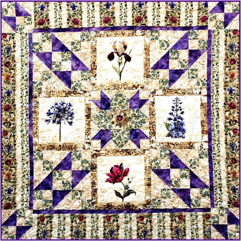 IVY IN My GARDEN Quilt E-Pattern B J Q 102 Printable Download Pdf Diy Free Shipping Digital Purple Green Beige Rose Iris Flower Throw image 1