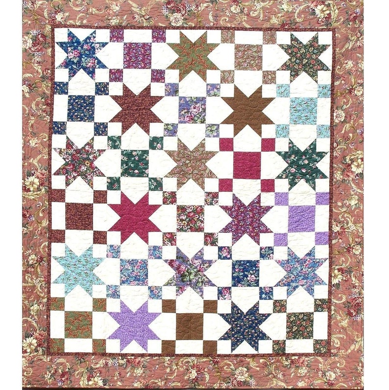 STARS & PATIENCE Quilt E-Pattern B J Q 107 Printable Download Pdf Diy Free Shipping Digital White Brown Purple Red Blue Green Pink image 1