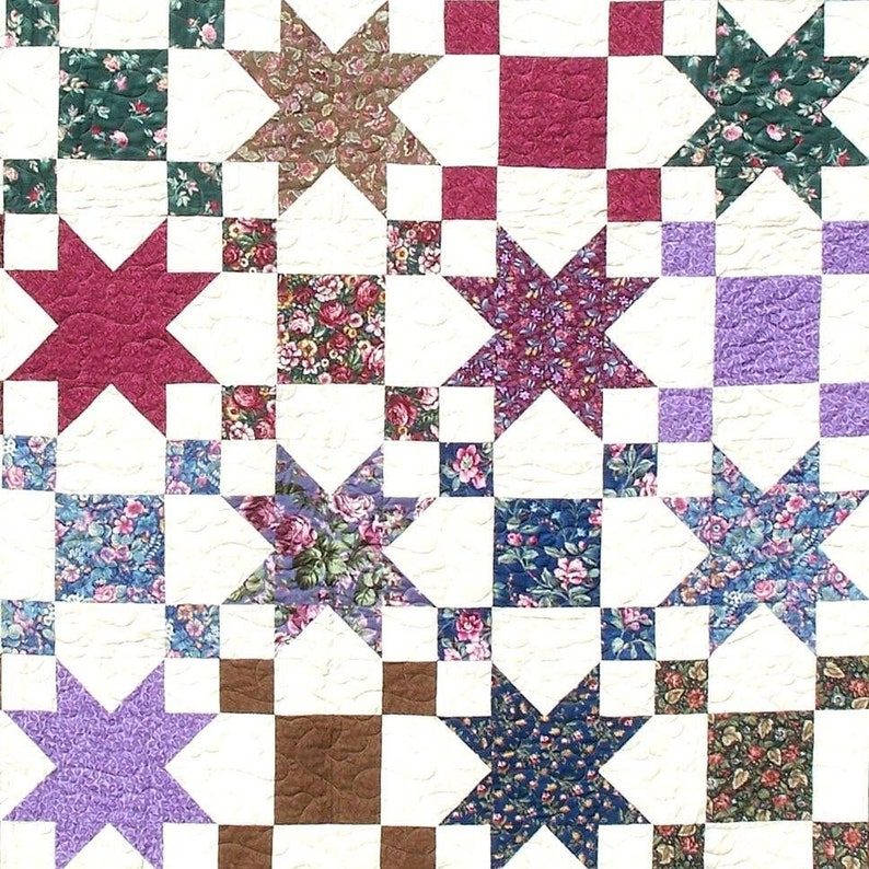 STARS & PATIENCE Quilt E-Pattern B J Q 107 Printable Download Pdf Diy Free Shipping Digital White Brown Purple Red Blue Green Pink image 2