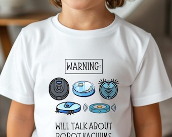 Camiseta de manga corta para niños con robot aspirador. Hablaremos de robots aspiradores.