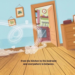 May include: A cartoon illustration of a house interior with a doorway leading to a kitchen. The kitchen has a stove, clock, and window. The text reads, "from the kitchen to the bedroom and everywhere in between."