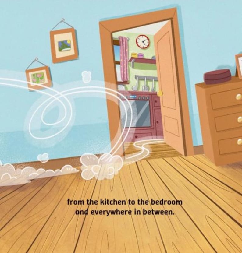 May include: A cartoon illustration of a house interior with a doorway leading to a kitchen. The kitchen has a stove, clock, and window. The text reads, "from the kitchen to the bedroom and everywhere in between."