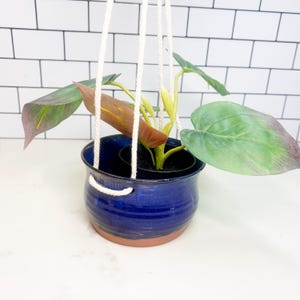 Large Hanging Pottery House planter royal blue