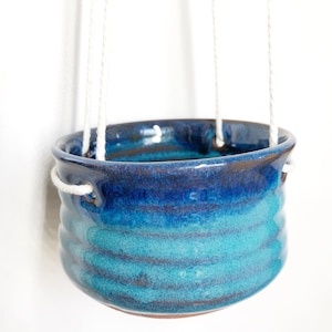 Medium sized Hanging Pottery House planter ships free Turquoise