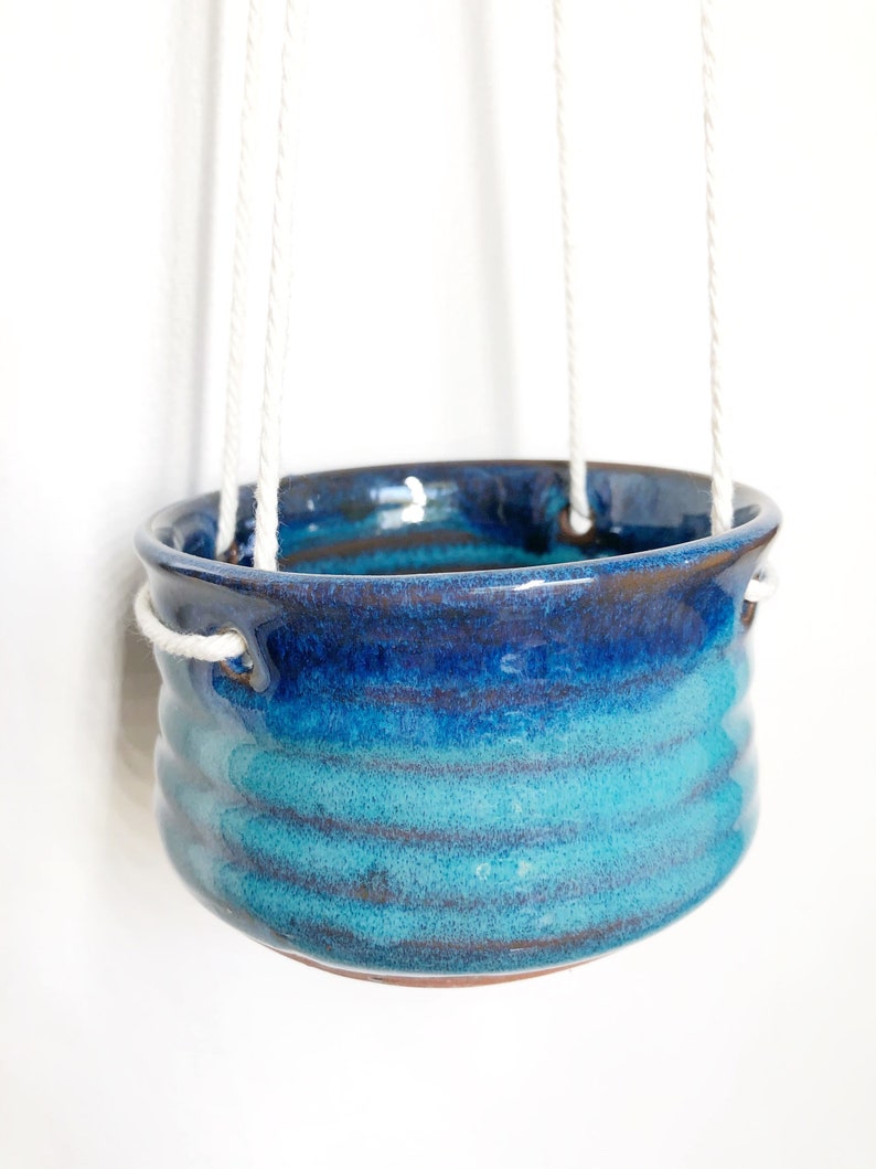 Medium sized Hanging Pottery House planter ships free Turquoise