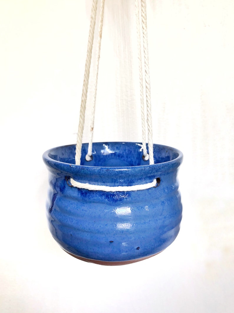 Medium sized Hanging Pottery House planter ships free Periwinkle Blue