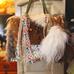 Handmade Up-cycled Axis deerskin, sheepskin tote and wallet pouch by Birch Kidd