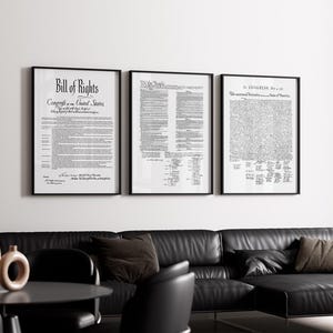 Conjunto de tres documentos fundacionales: Declaración de Independencia, Constitución de los Estados Unidos, Carta de Derechos, póster enmarcado en blanco y negro, decoración para el aula.