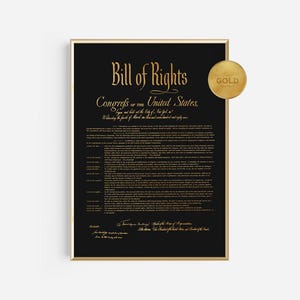 Impresión en lámina dorada de la Declaración de Derechos de los Estados Unidos / Decoración de pared histórica patriótica / Impresión de bellas artes enmarcada / Póster lujoso del documento fundacional