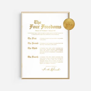 Cztery wolności | Cytat Franklina D. Roosevelta | Plakat na papierze artystycznym Gold Foil z opcjami ramek Premium | Dekoracja ścienna U.S. Patriotic