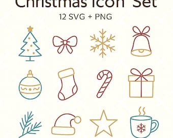 Íconos navideños de arte lineal: conjunto minimalista de imágenes PNG y SVG (descarga digital)