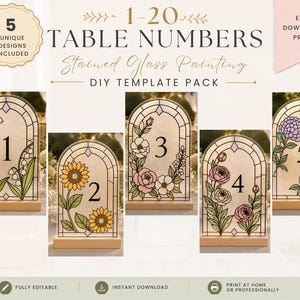DIY Faux Stained Glass Painting Table Numbers 1–20 | 5 Unique Floral Styles Bundle Arch Wedding Table Number Pattern Editable Canva Template