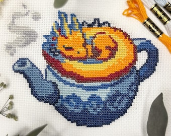 Teapot Dragon Cross Stitch Pattern PDF - Sleepy Dragon Cross Stitch - Fantasy Cross Stitch Pattern - Cozy & Cute - PatternKeeper Compatible