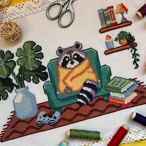 Lazy Sunday Cross Stitch Pattern PDF - Sleepy Raccoon Digital PDF - Cozy & Cute Cross Stitch - Books, Games - PatternKeeper Compatible