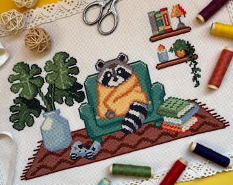 Lazy Sunday Cross Stitch Pattern PDF - Sleepy Raccoon Cross Stitch Pattern - Cozy & Cute Pattern - Books, Games - PatternKeeper Compatible