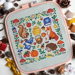 Può includere: Un ricamo a punto croce con creature del bosco ed elementi autunnali. Il disegno include uno scoiattolo, una volpe, un riccio, uccelli, funghi e una zucca, il tutto all'interno di un bordo floreale. Il ricamo è in un telaio quadrato rosa.