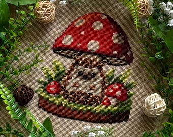 Mushroom Shelter Cross Stitch Pattern PDF - Cute Hedgehog Cross Stitch Pattern - Cozy & Cottagecore - PatternKeeper Compatible