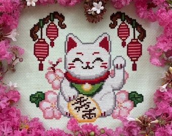 Maneki Neko Cross Stitch Pattern PDF - Japanese Lucky Cat Cross Stitch - Cute & Cozy Cross Stitch Pattern - PatternKeeper Compatible
