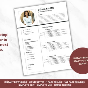 Könnte beinhalten: Eine schwarz-weiße Lebenslaufvorlage mit einem professionellen Porträt einer Frau. Der Lebenslauf enthält ein Profil, Berufserfahrung, Ausbildung, Expertise und Sprachkenntnisse. Der Text "INSTANT RESUME READY TO EDIT IN CANVA!" befindet sich in einem roten Kasten auf der rechten Seite der Seite.