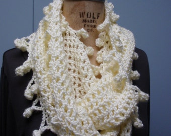 Crochet Infinity Scarf Fancy Bobble Edge Soft White Cream