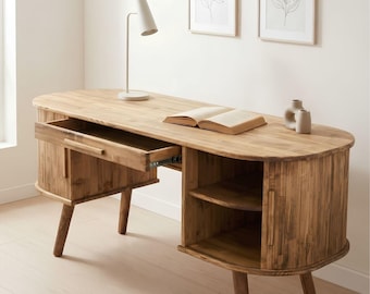 Mid Century Solid Wood Desk with Tambour Doors and Drawer, Home Office Writing Desk