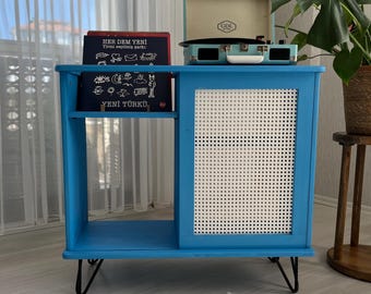 Record Player Stand with Rattan Door and Vinyl Storage, Mid-Century Turntable Station