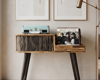Record Player Stand with Vinyl Storage, Tambour Door Turntable Console Cabinet