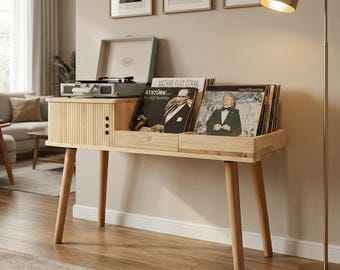 Large Vinyl Record Storage Cabinet, Record Player Stand, Tambour Door Turntable Console