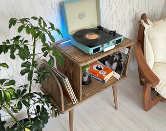 MCM Record Player Stand with LED, Vinyl Storage Console Table
