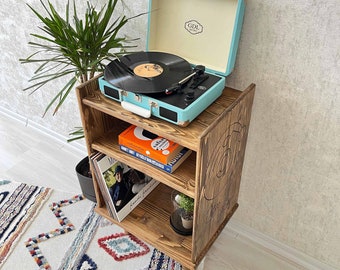 Customizable Wood Record Player Stand with Vinyl Storage