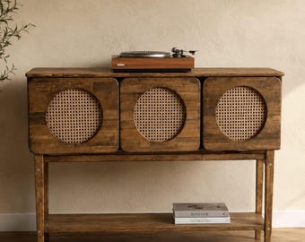 Rattan Console Cabinet with Drawers, Custom Vinyl Record Storage Cabinet, Turntable Media Console