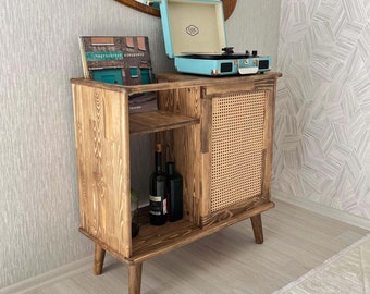 Record Player Stand with Rattan Decor, Versatile Vinyl Record Shelf and Turntable Station