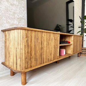 Handcrafted Media Console Cabinet, Sliding Tambour Door Tv Stand, Credenza,  Vinyl Record Storage