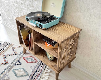 MCM Solid Pine Wood Record Player Stand, Vinyl Storage Console