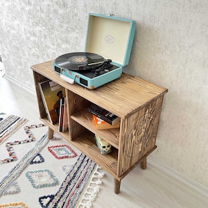 MCM Vinyl Record Storage Console, Real Wood Record Player Stand, Turntable Stand
