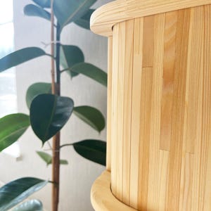 May include: Close-up of a light wood cabinet with a curved edge and vertical slats. The cabinet is made of natural wood with a light brown finish.