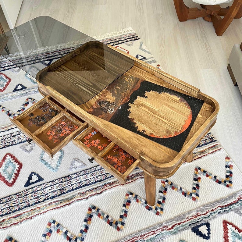 Rustic Puzzle Coffee Table With Removable Clear or Smoked Glass ...